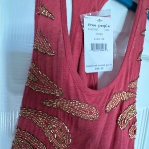 Free People Rare Beaded Boho Tunic Tank NWT S Red Embellished Festival Top